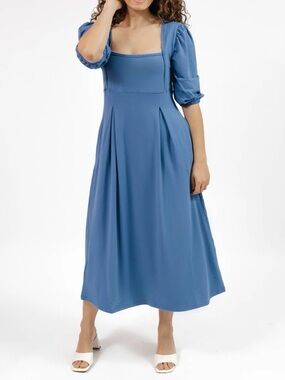 Smash + Tess Dusty Blue Knit Maxi Dress with Puff Sleeves Sustainable Bamboo